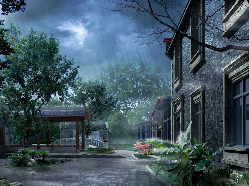 Rainy Courtyard Scene — Gray, Dramatic