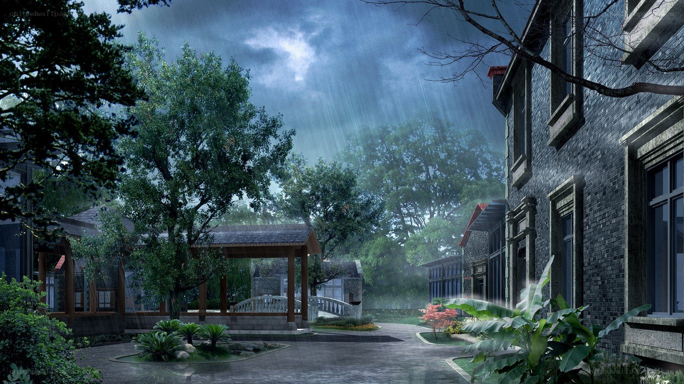 Rainy courtyard scene