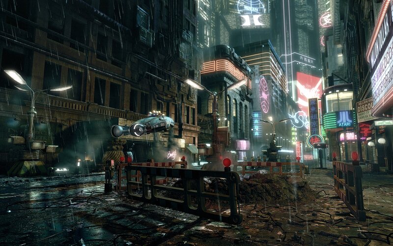 rainy cyberpunk city street