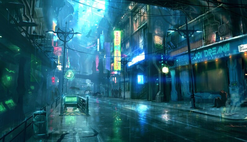 rainy cyberpunk city street