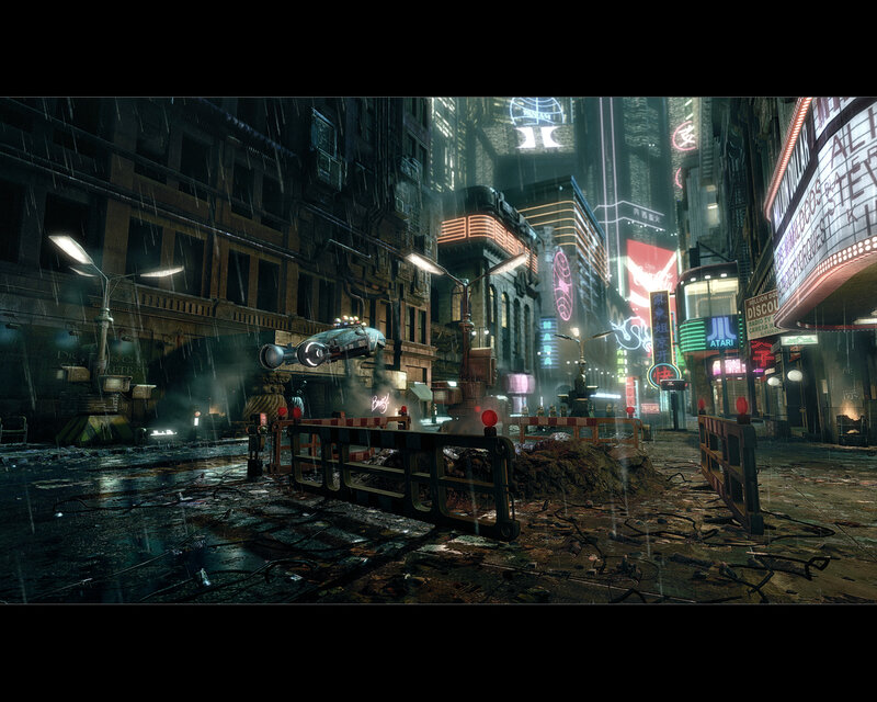 rainy cyberpunk city street