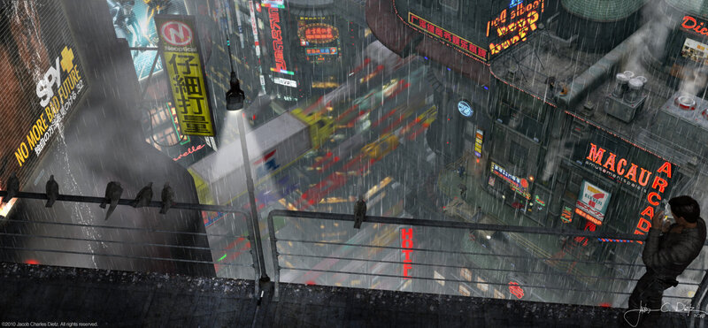Rainy cyberpunk cityscape