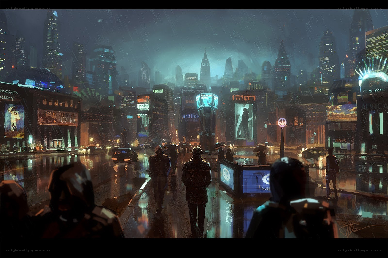 rainy cyberpunk cityscape