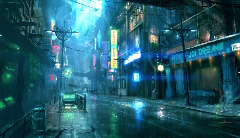 Rainy Cyberpunk Street — Blue, Dramatic, Night, Digital Art