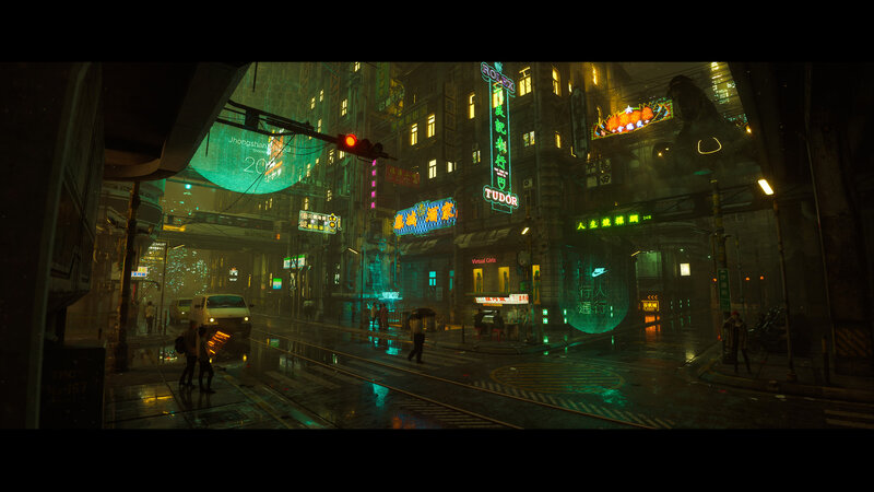 Rainy Cyberpunk Street — Green