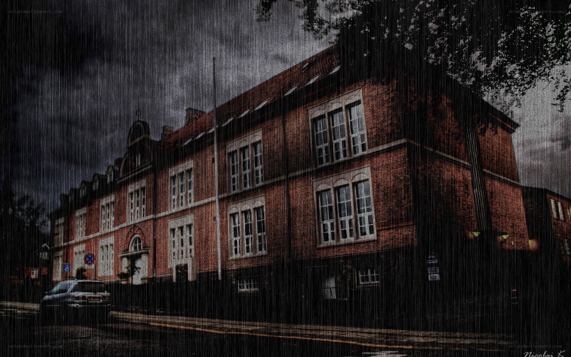 Rainy day at a brick building