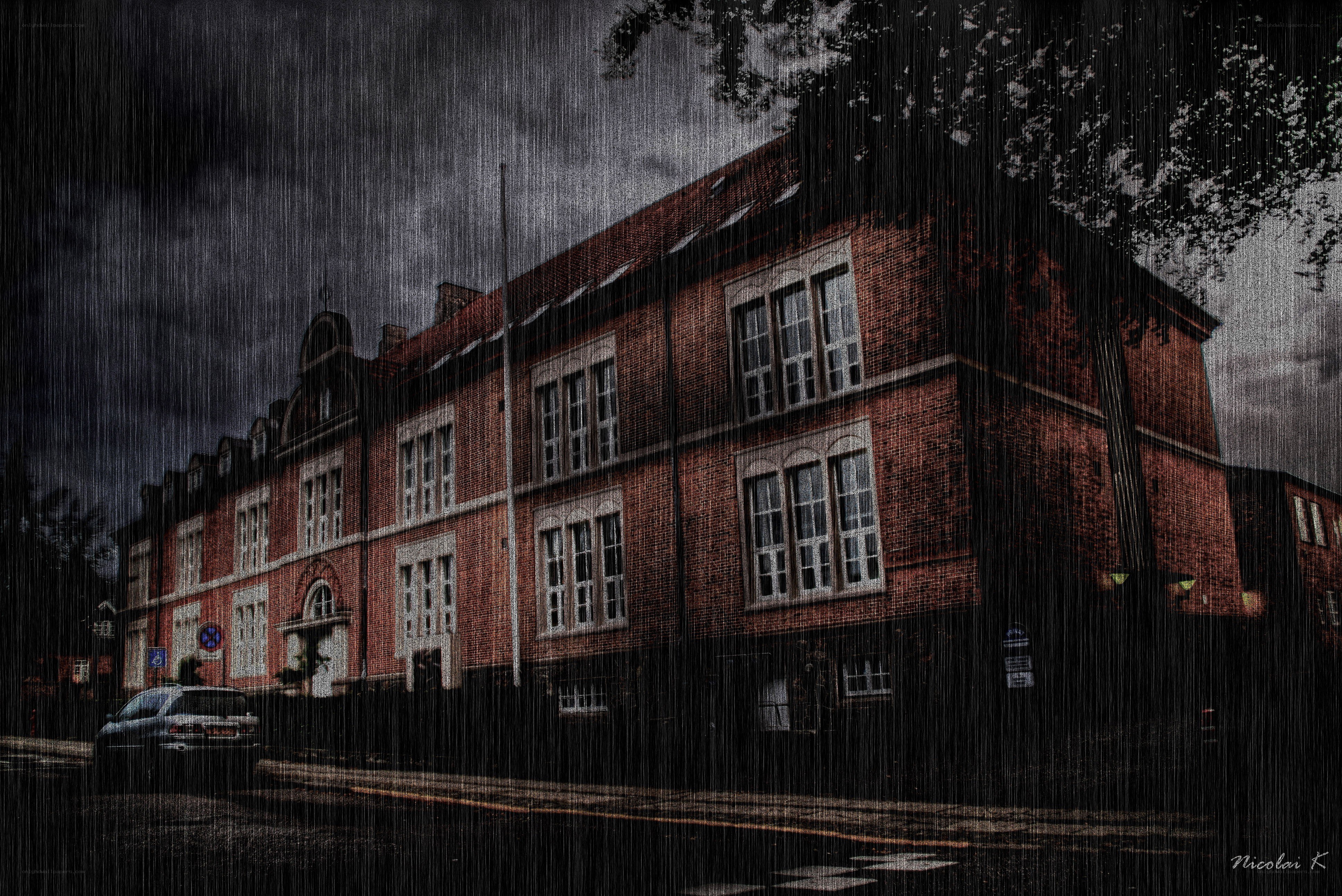 Rainy day at a brick building