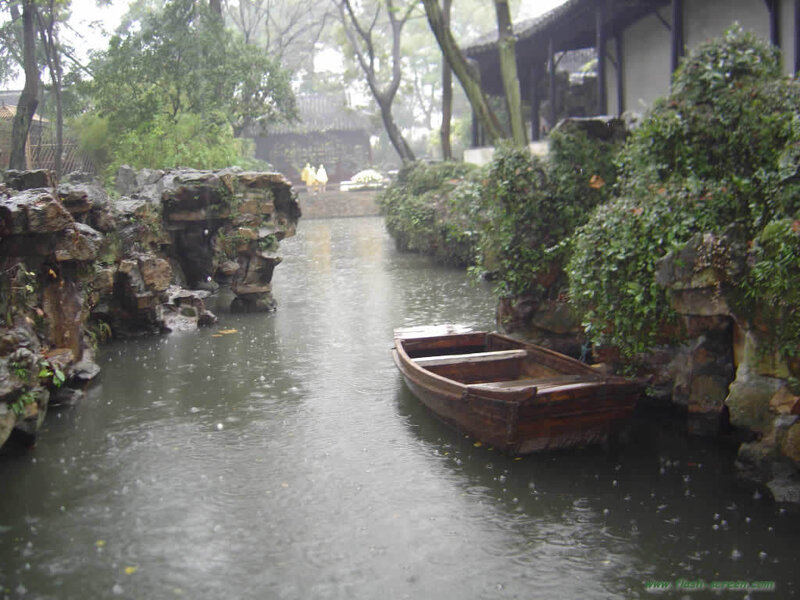 Rainy day in a garden canal