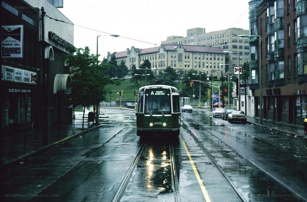 Rainy day street with trolley