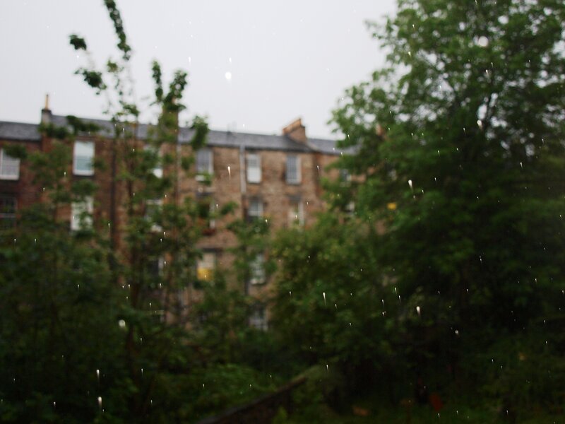 Rainy day view of brick buildings
