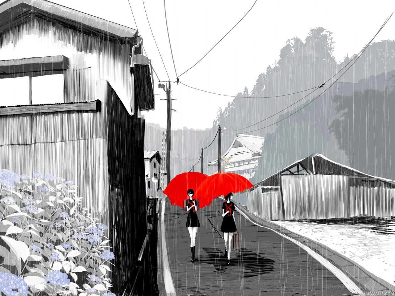 Rainy day with red umbrellas