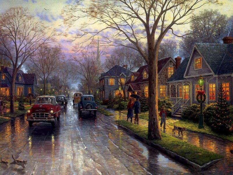 Rainy evening in a cozy neighborhood