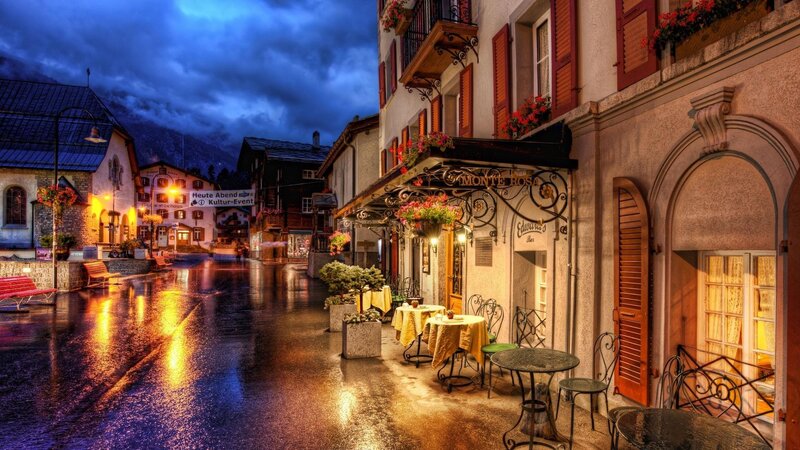 Rainy evening in a European village