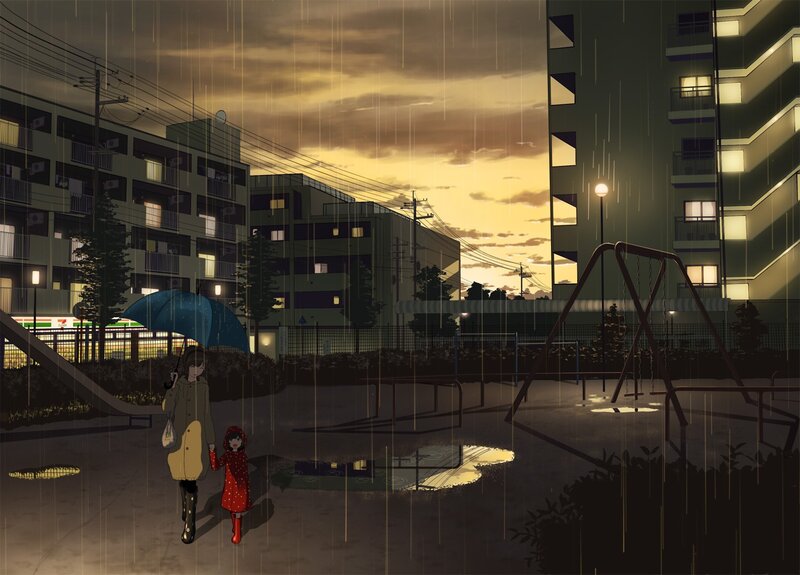 Rainy evening in the neighborhood