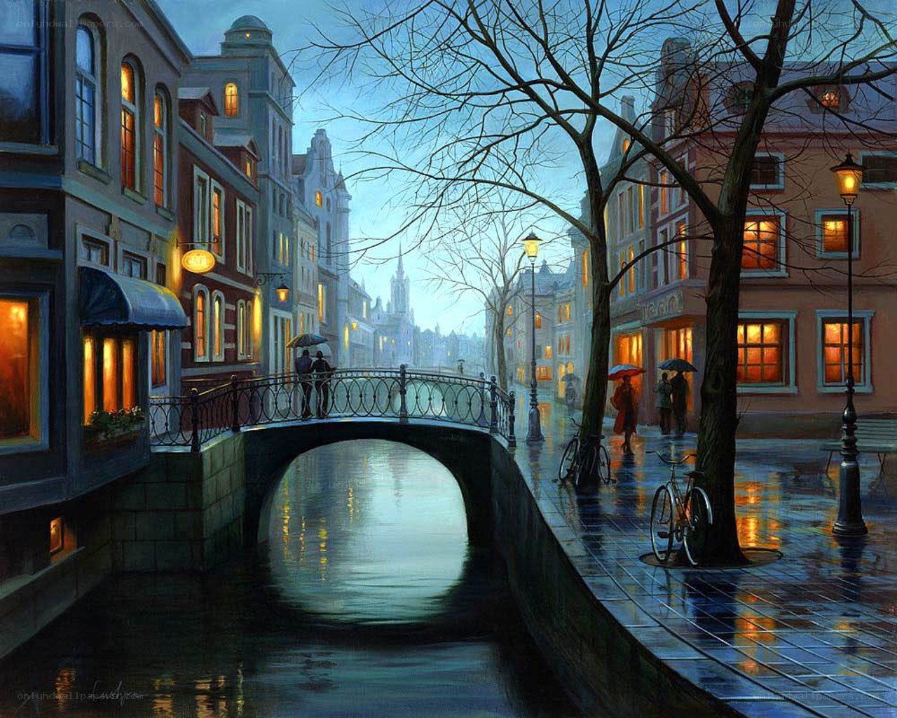 Rainy evening on a canal