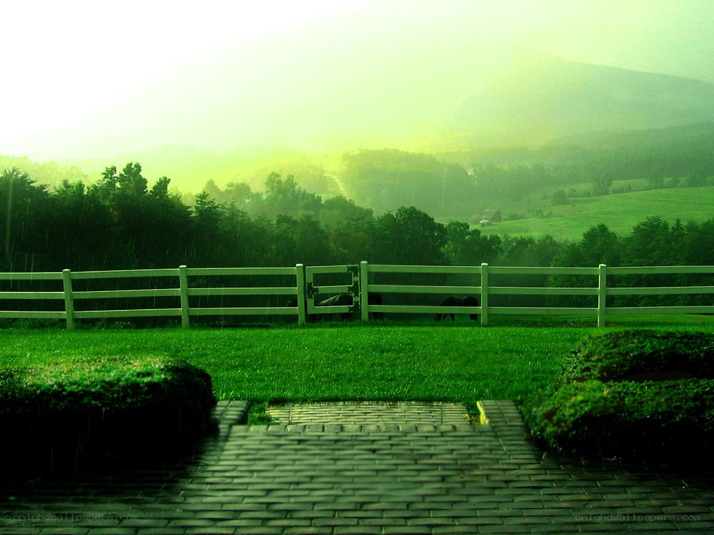 Rainy farm with green hills