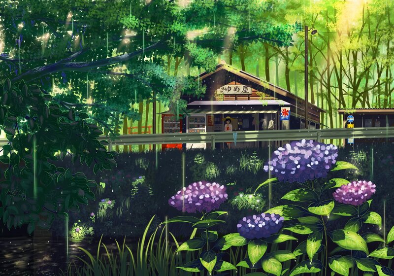 Rainy forest shop scene