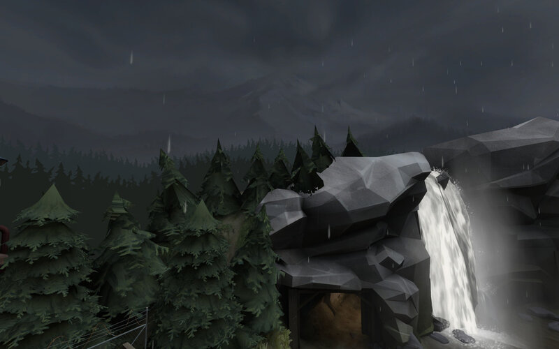 Rainy forest waterfall scene