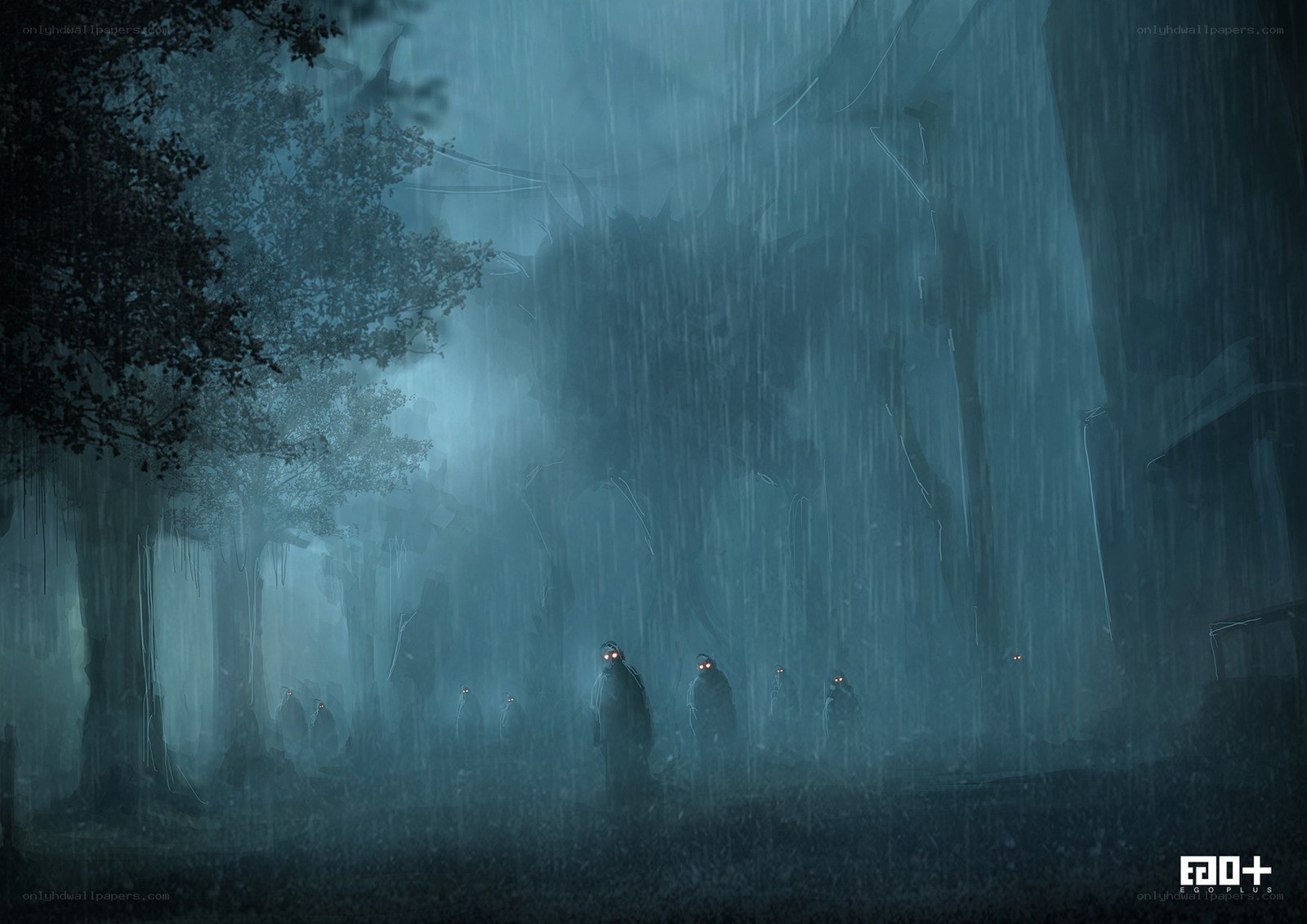 Rainy forest with glowing figures