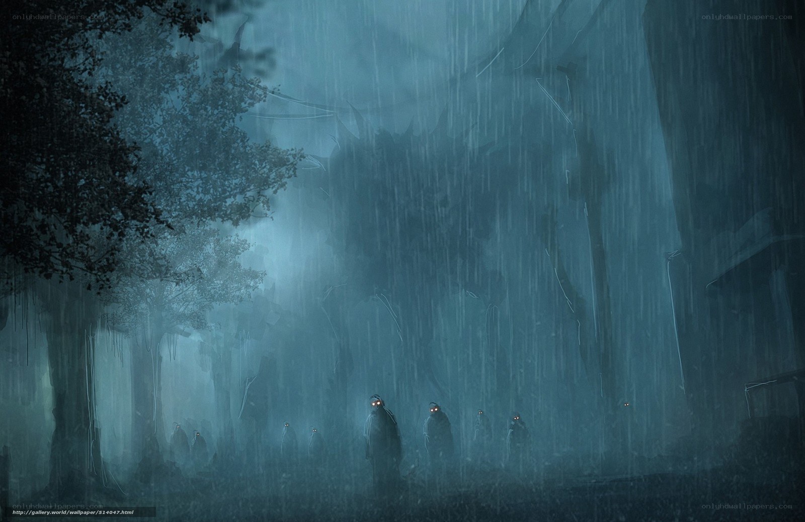 Rainy forest with glowing figures