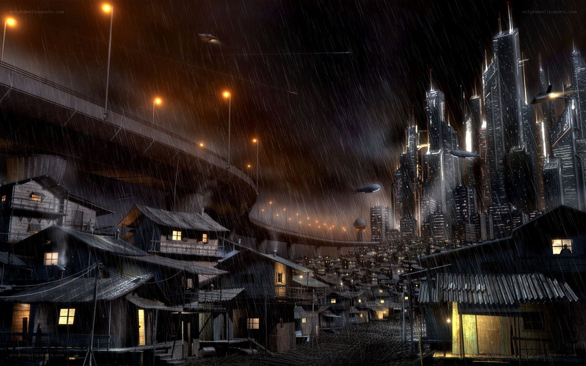 Rainy futuristic cityscape