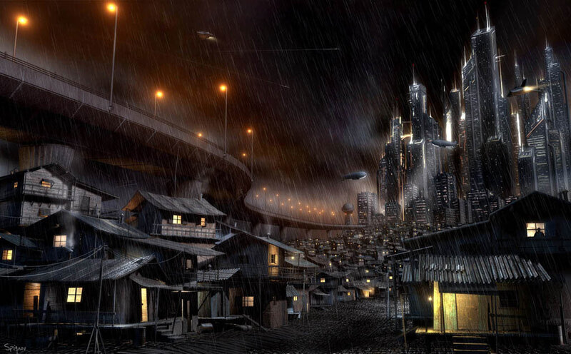 Rainy futuristic cityscape