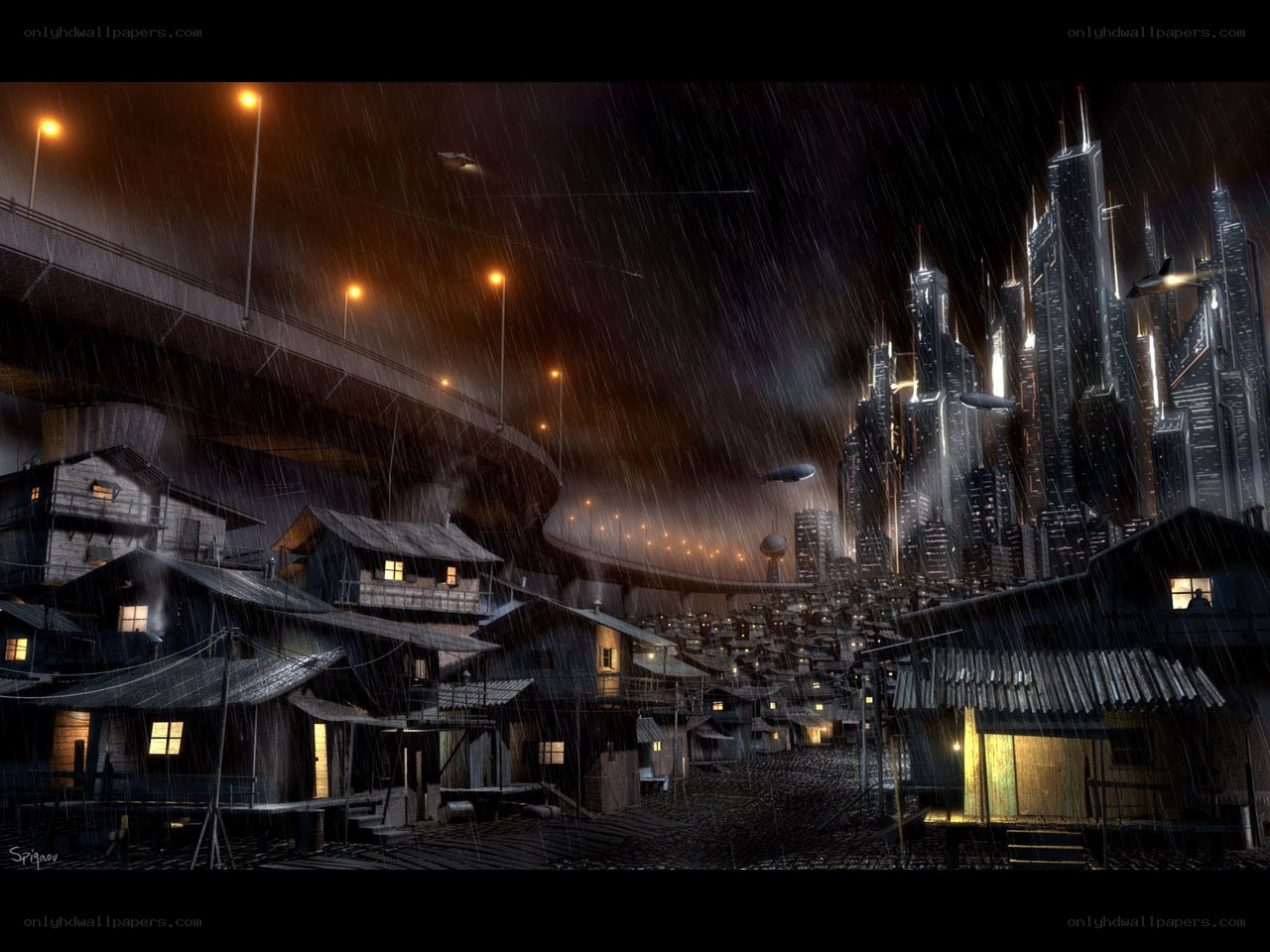 Rainy futuristic cityscape