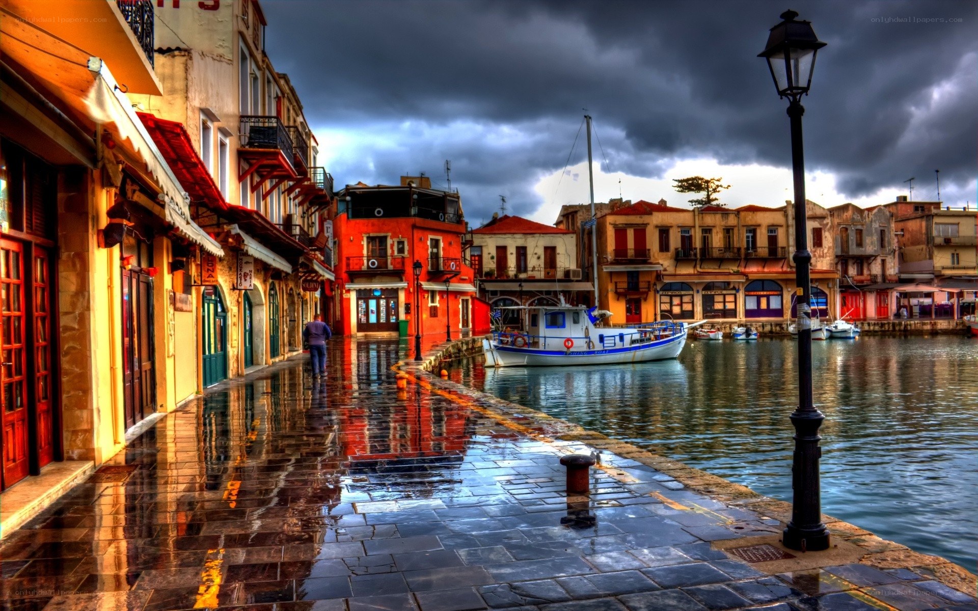 rainy harbor street scene