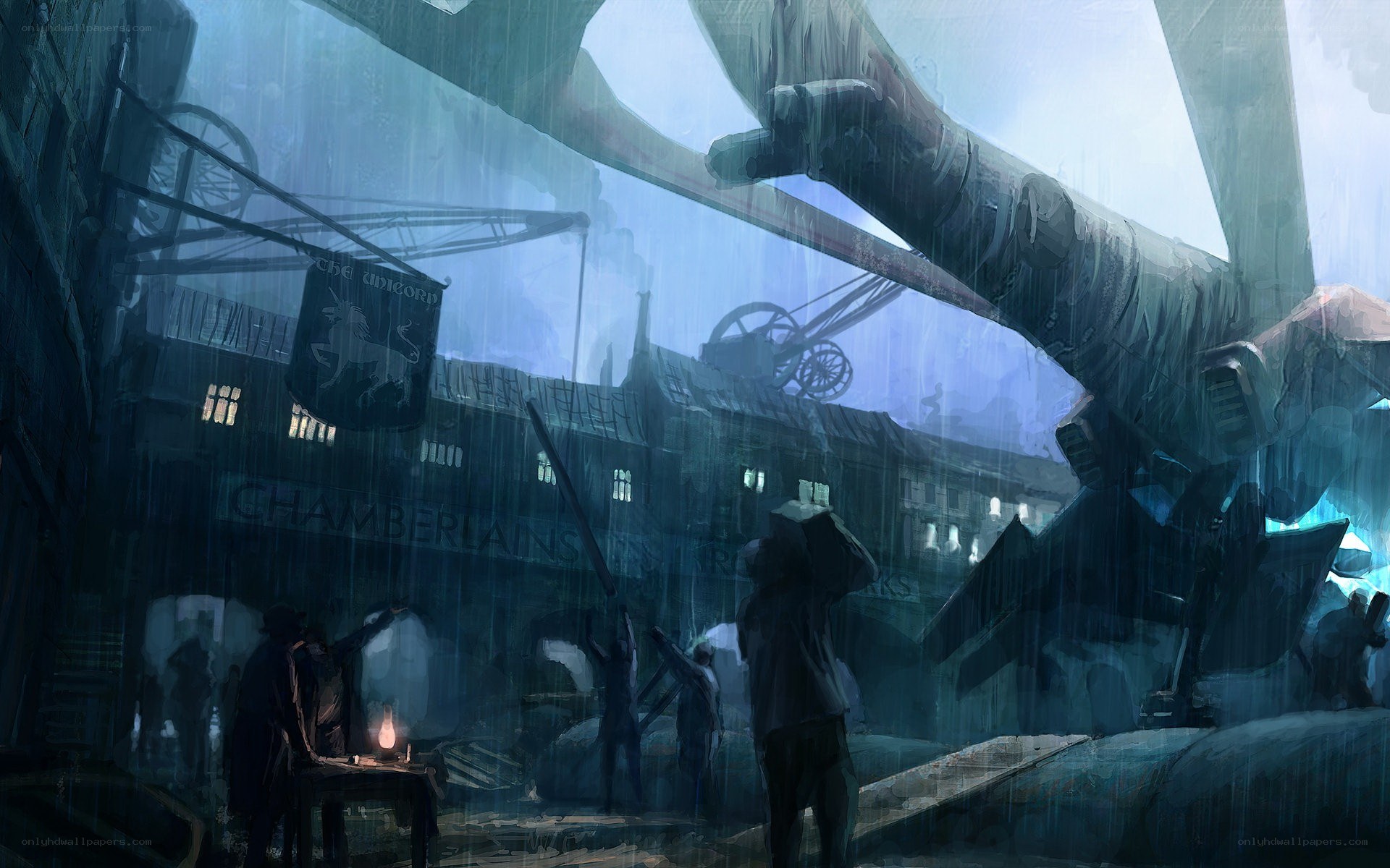 Rainy industrial town scene