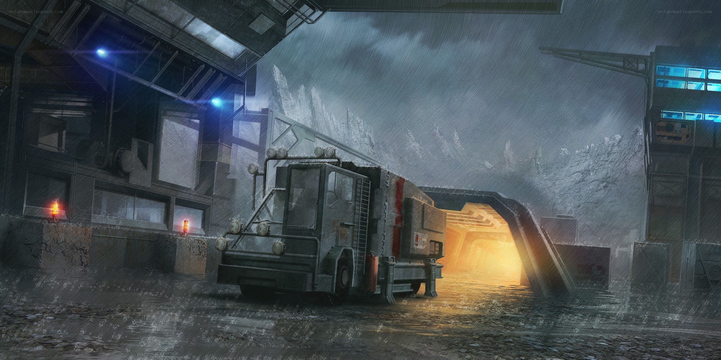 Rainy industrial transport scene