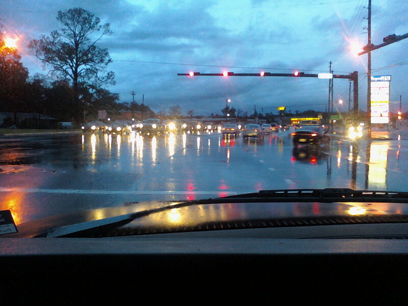 rainy intersection at dusk