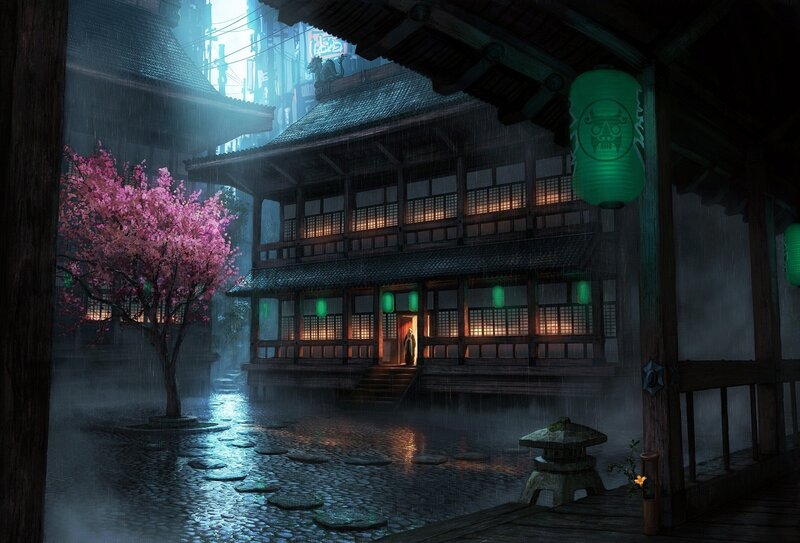Rainy Japanese courtyard at night