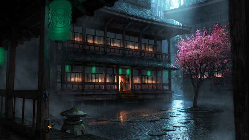 Rainy Japanese courtyard at night