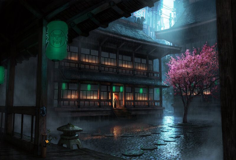 Rainy Japanese courtyard at night