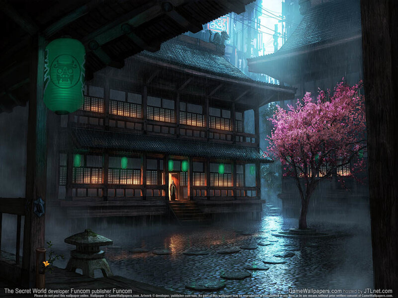 Rainy Japanese courtyard at night