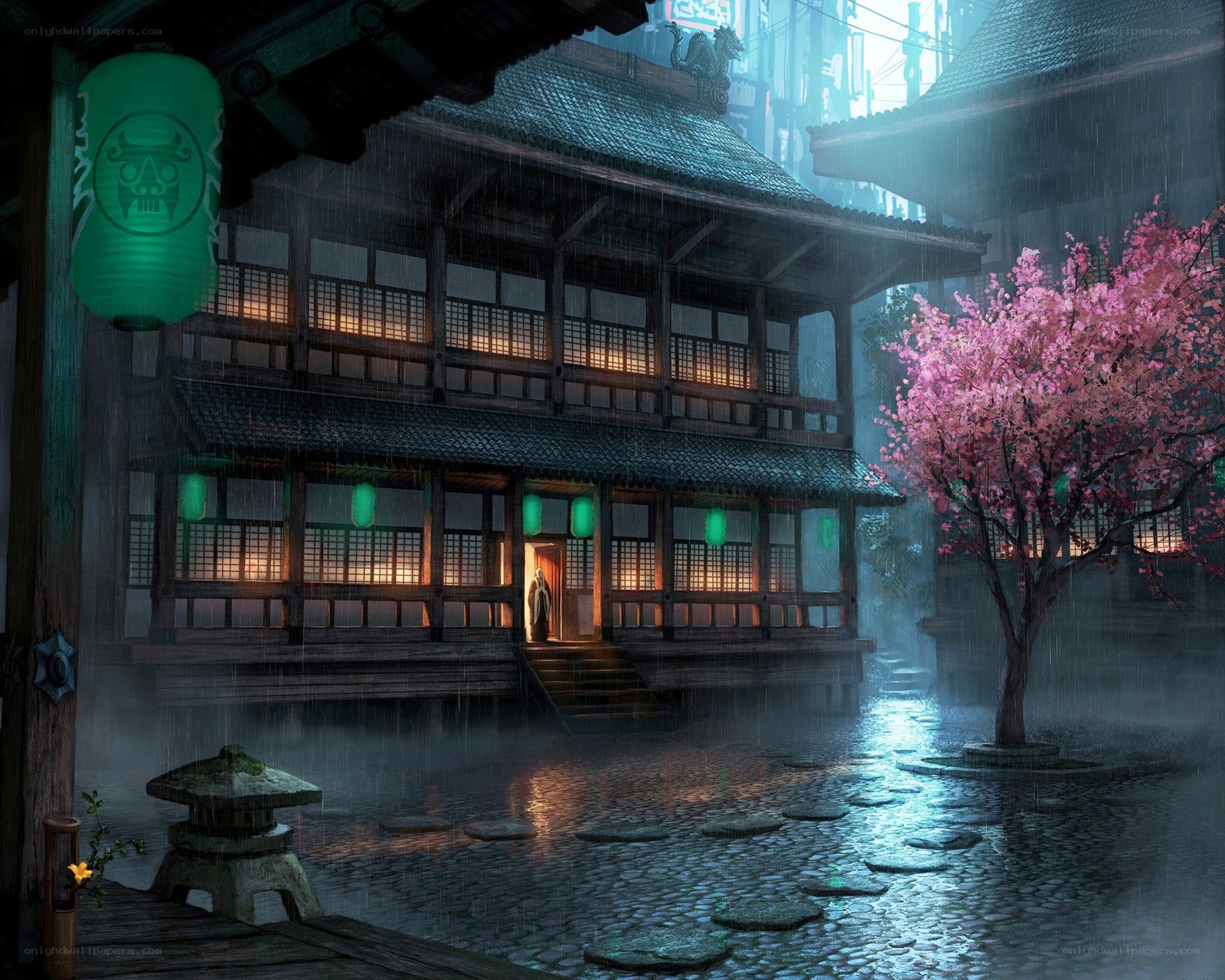 Rainy Japanese courtyard
