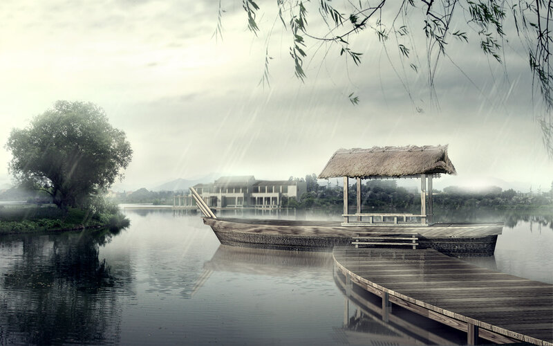 Rainy lake scene with boat