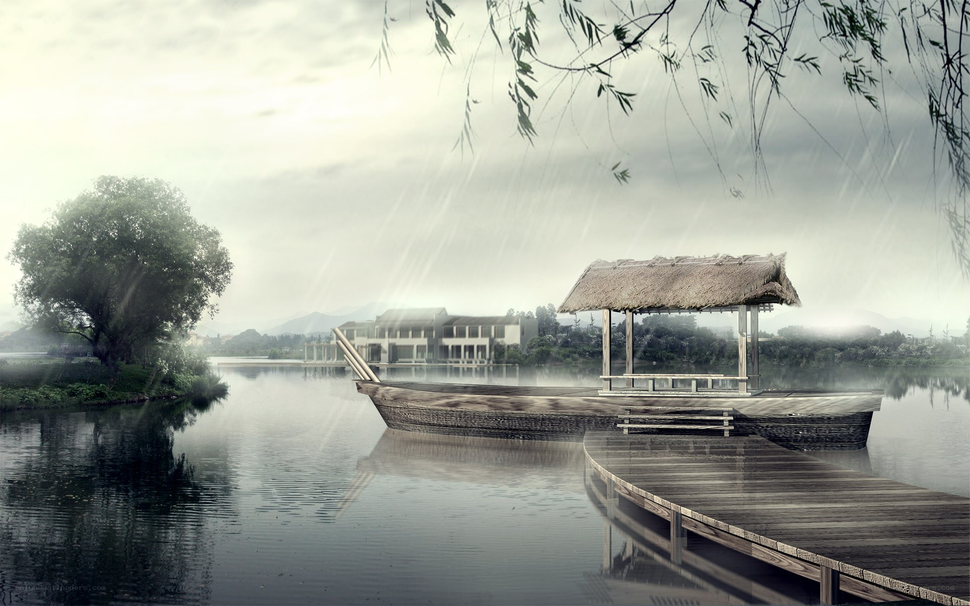Rainy lake scene with boat