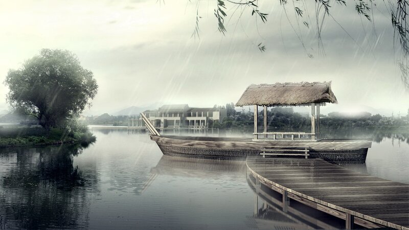 Rainy lake with boat and pavilion