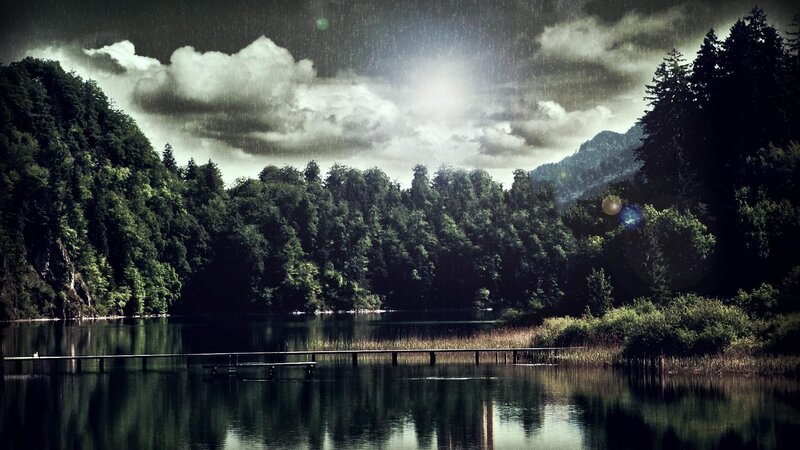 Rainy lake with forest