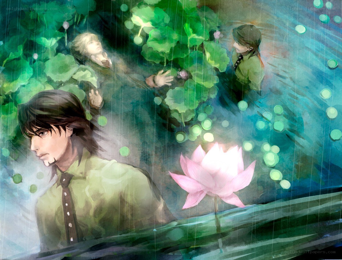 Rainy lotus pond with figures
