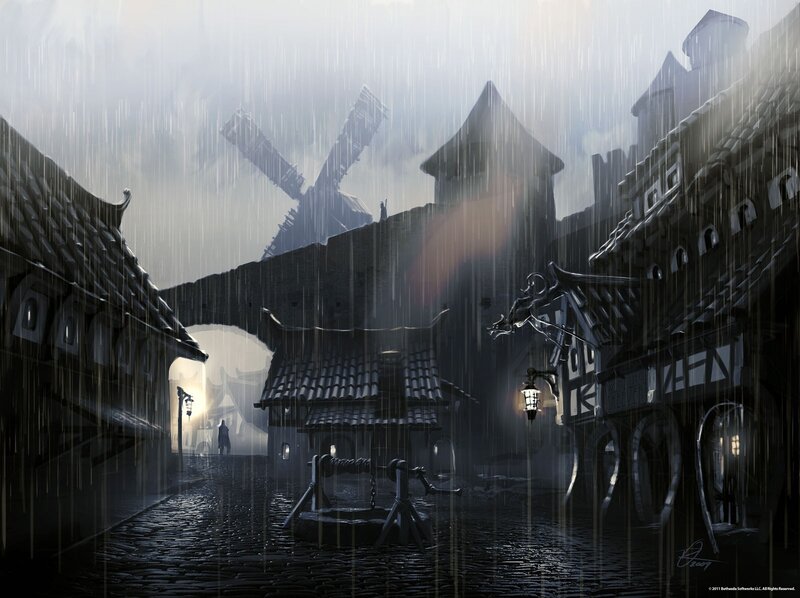 rainy medieval village street