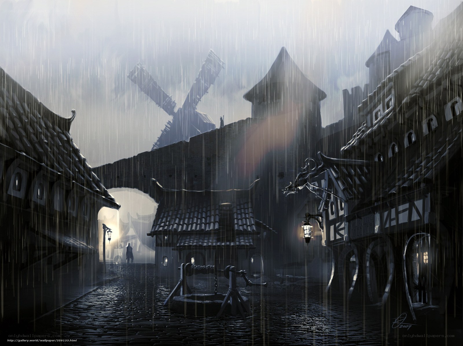 Rainy medieval village street