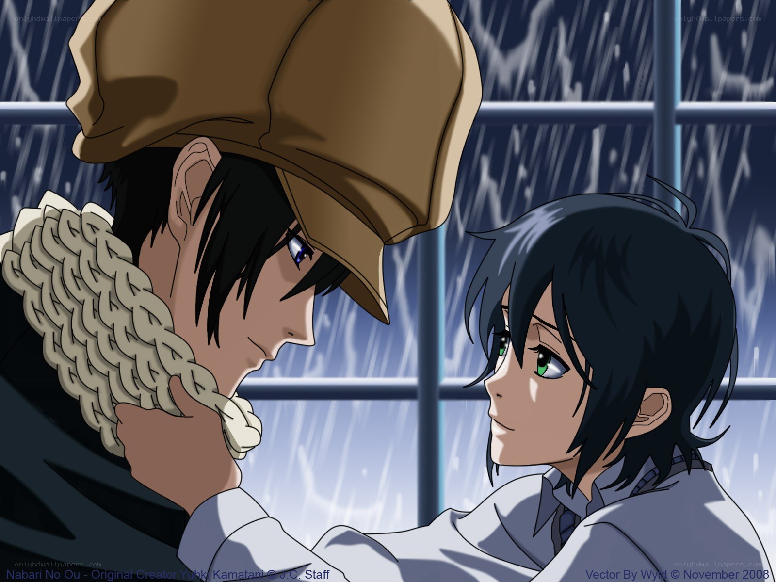 Rainy moment between two characters