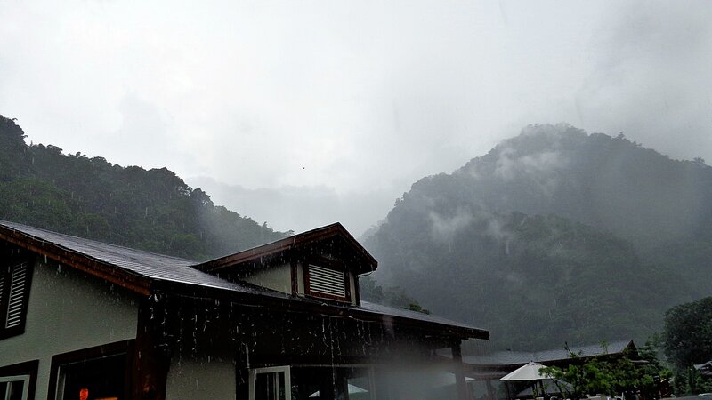 Rainy mountain village scene