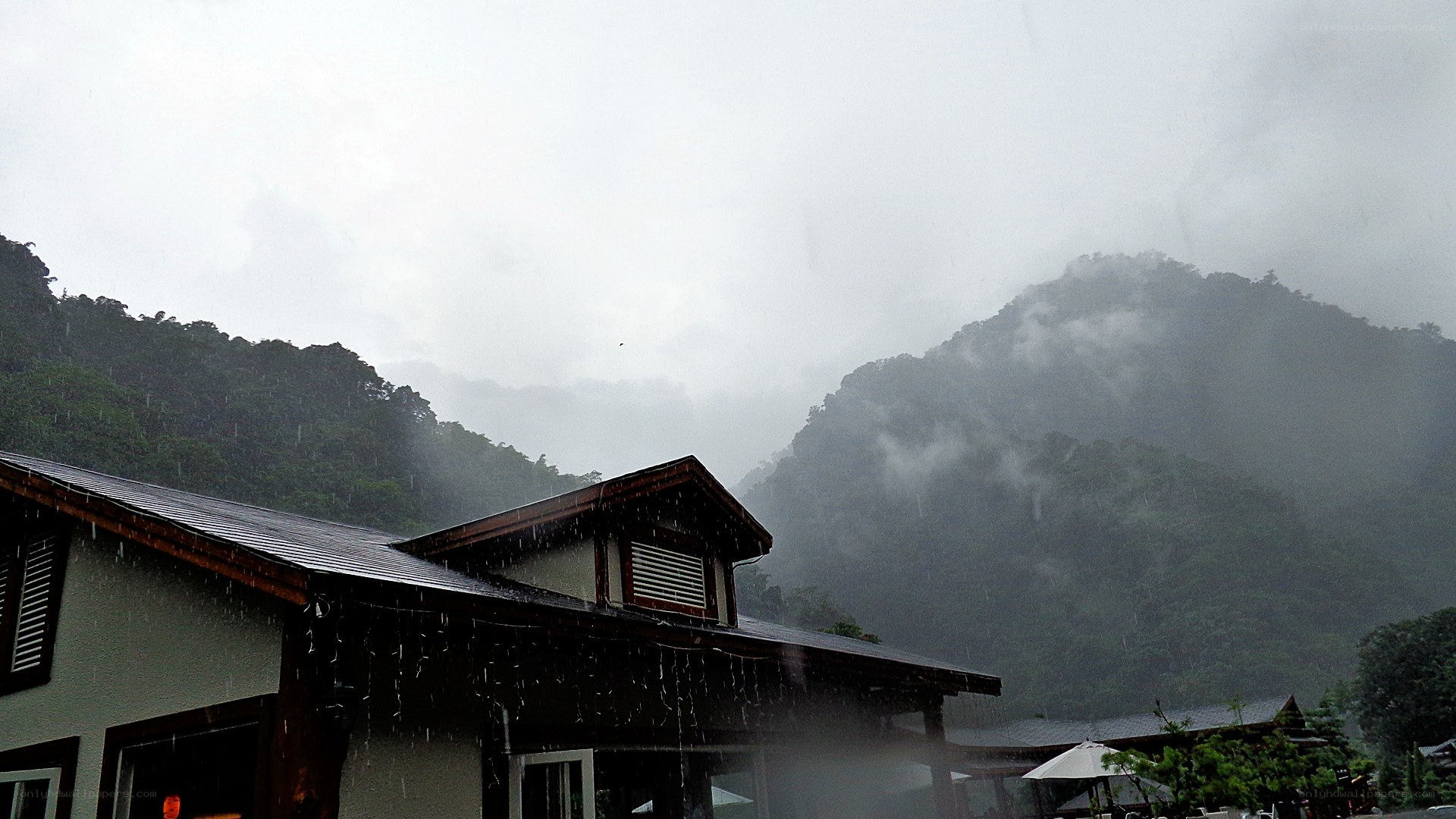 Rainy mountain village scene
