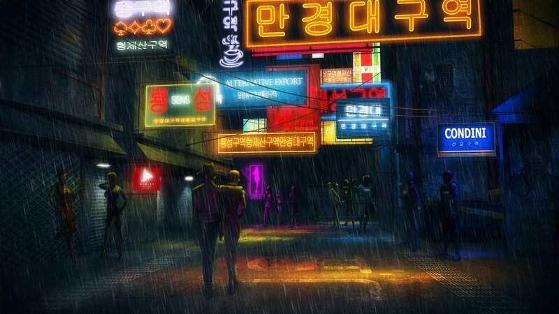 rainy neon alley at night