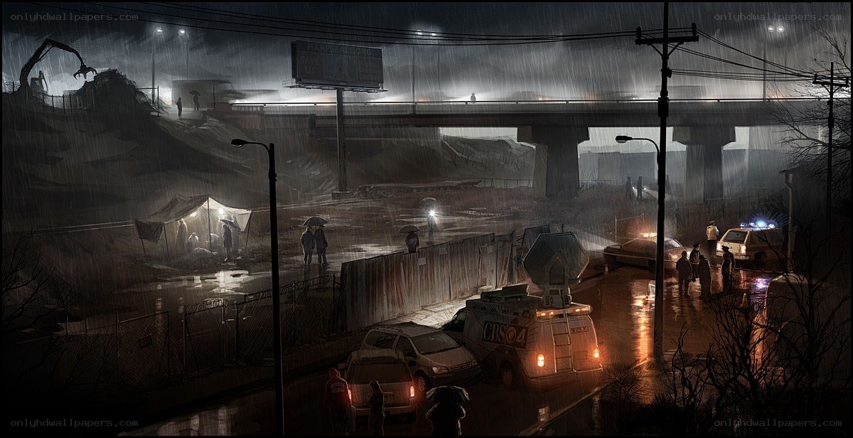 Rainy night at a disaster site