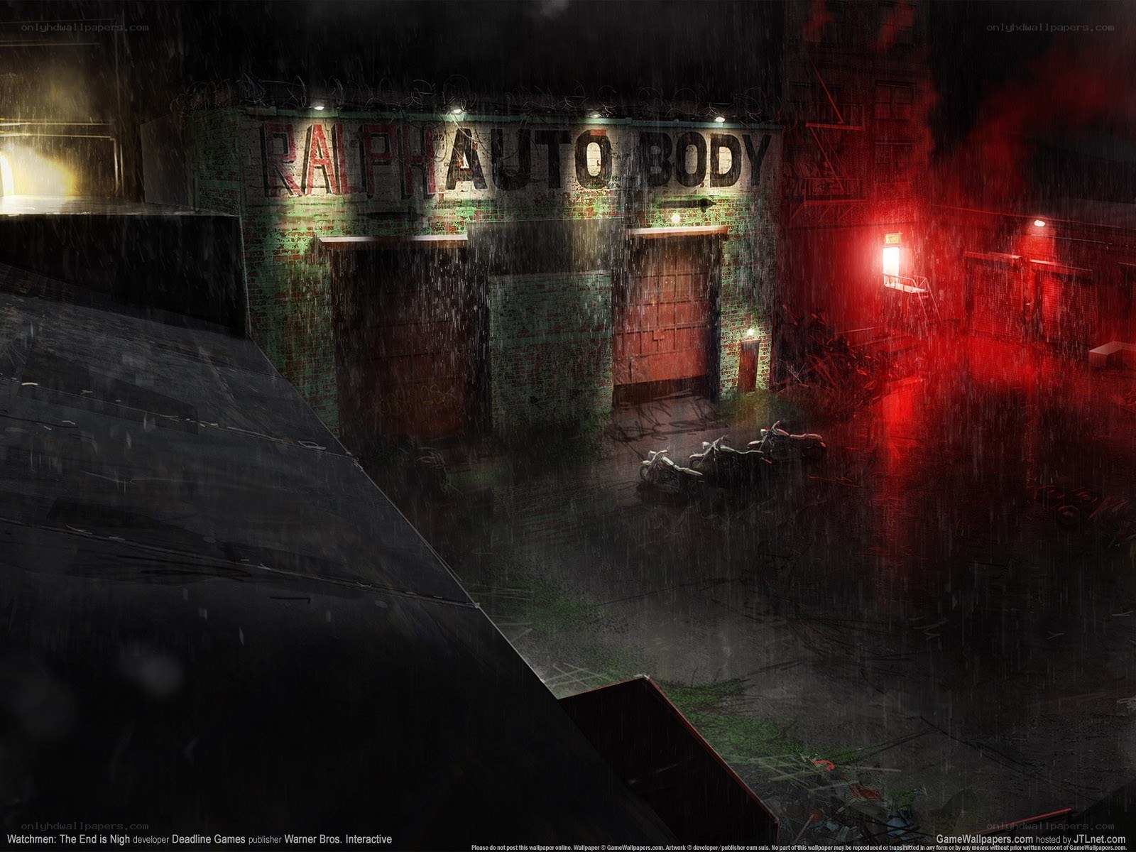 Rainy night at auto body shop