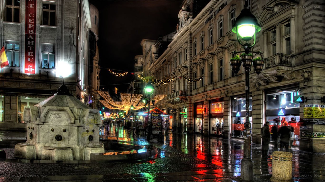rainy night in a city square